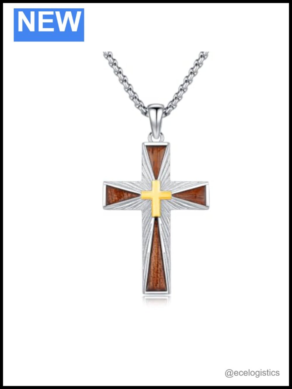 Men's Wooden Cross Necklace Natural Ebony Pendant Adjustable Stainless Steel